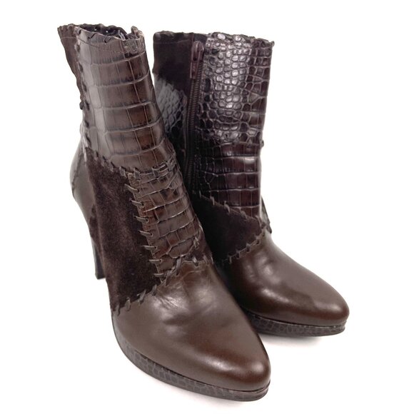 Gianni Bini Brown Patchwork Ankle Boots – Size 7.5M, 3.75” Heel - Picture 1 of 12
